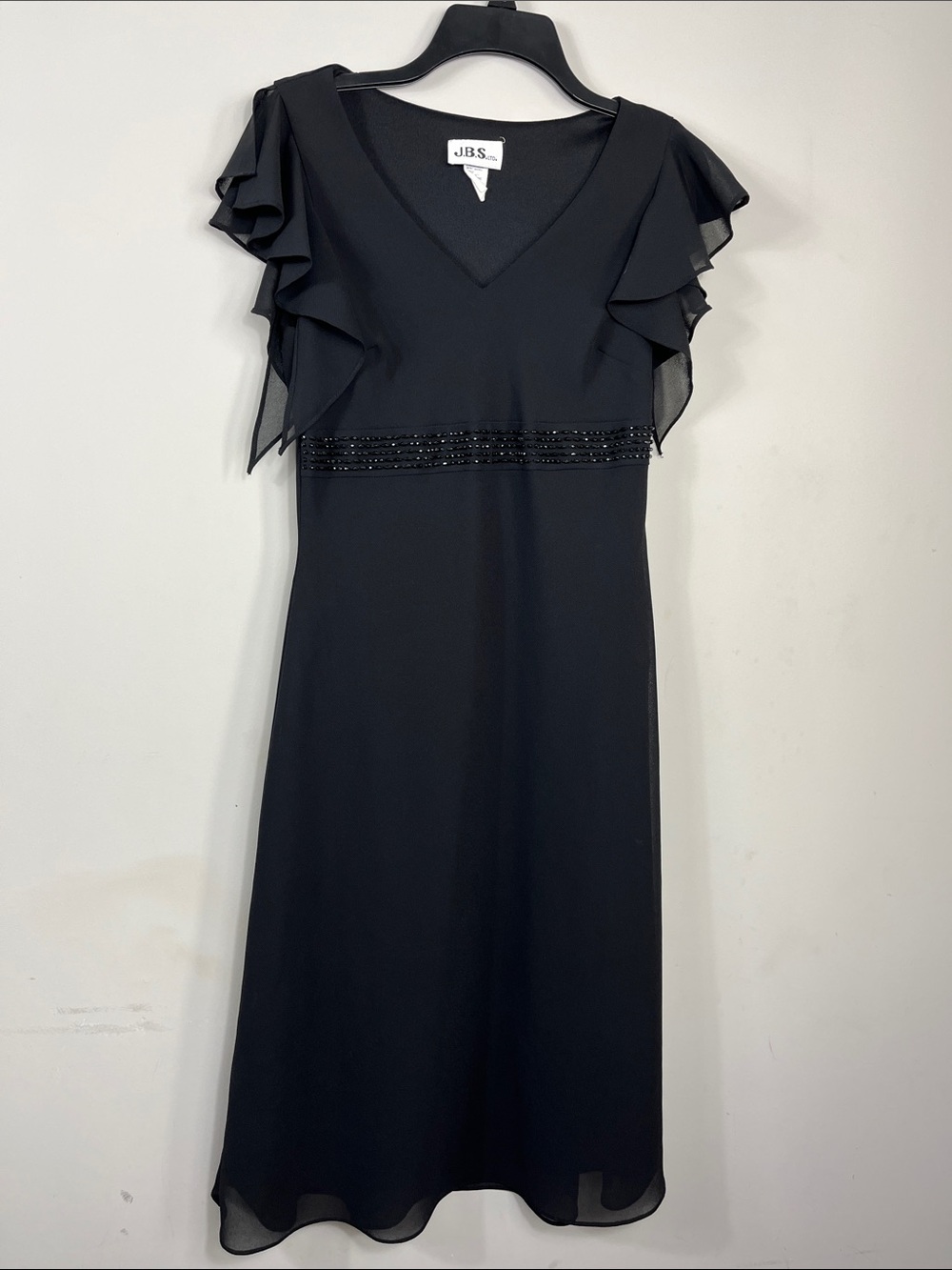 JBS Black Chiffon Midi Dress V-Neck Beaded Waist Flutter Sleeve Sz 6 Elegant